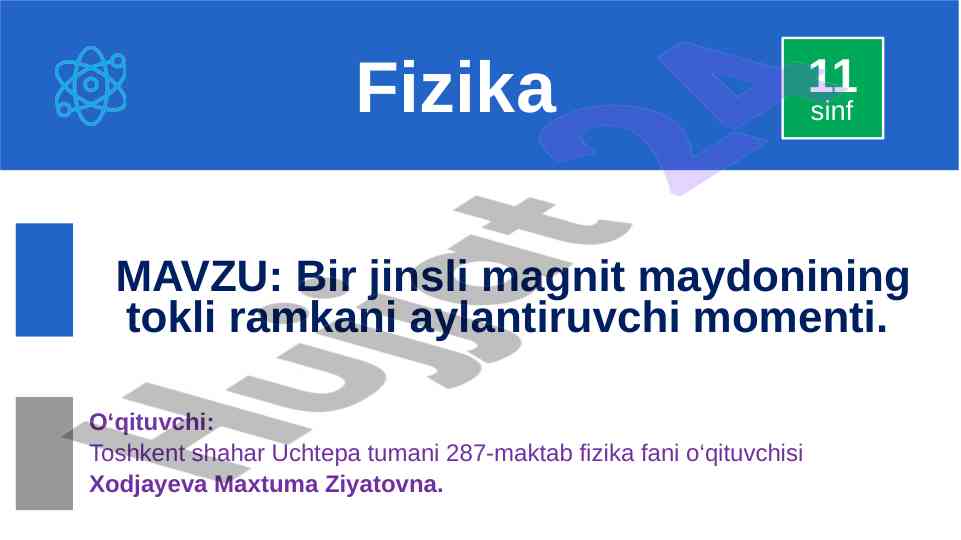 Bir jinsli magnit maydonining tokli ramkani aylantiruvchi moment