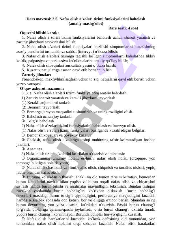 Nafas olish a’zolari tizimi funksiyalarini baholash