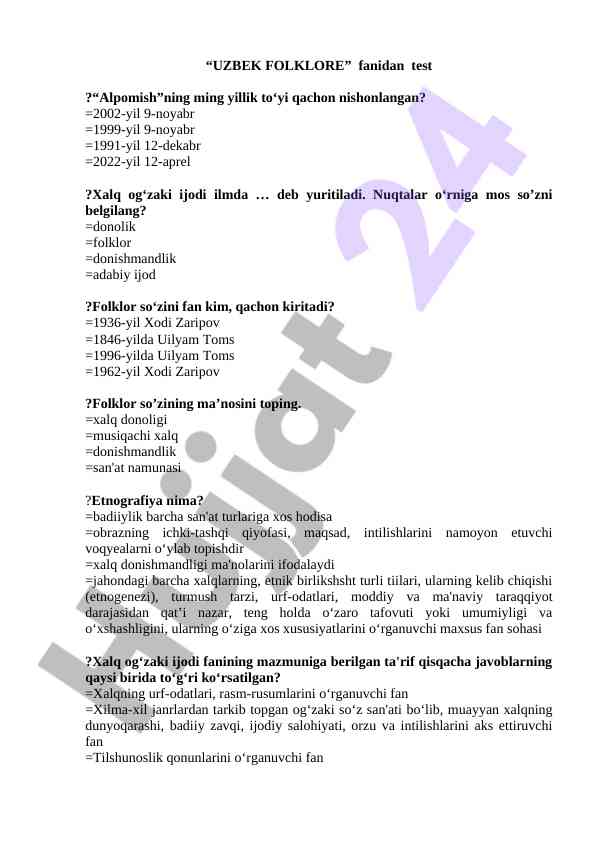 Uzbek folklore test questions and answers