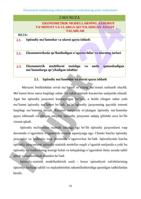 Ekonometrik model va axborot ta'minoti asosiy talablar