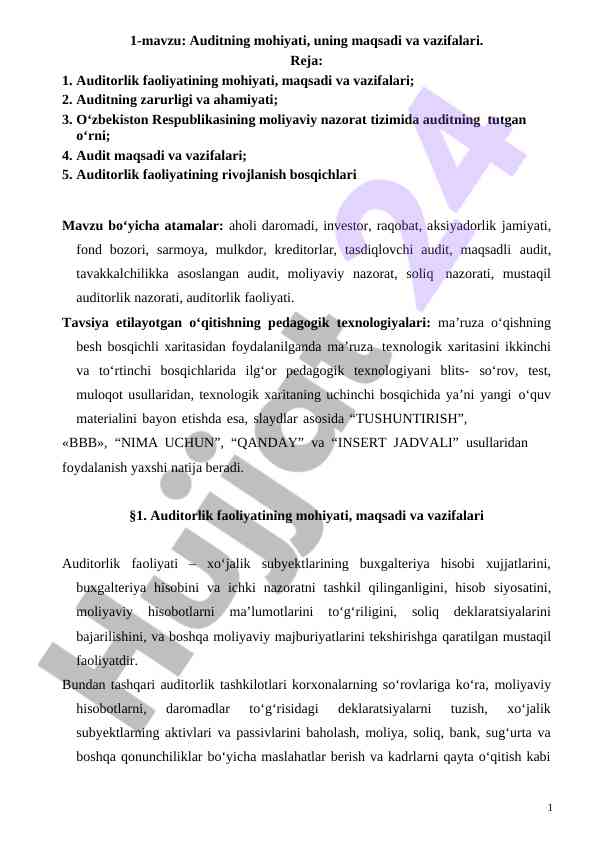 Auditning mohiyati va vazifalari haqida mavzu