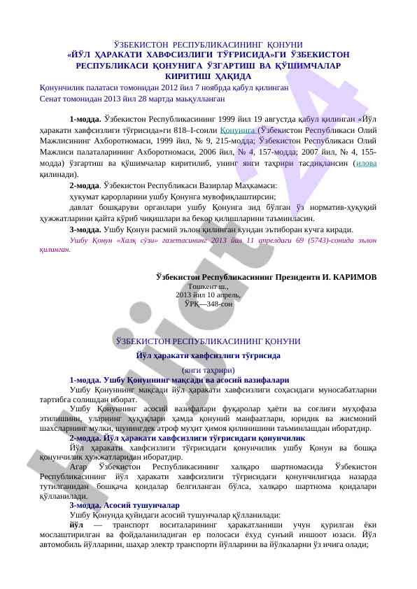 Йўл ҳаракати хавфсизлиги мавзусидаги қонунларга о‘zgartirishлар