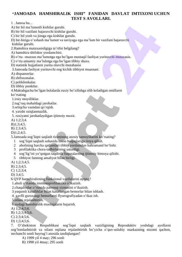 Hamshiralik ishidan davlat imtihoni uchun testlar