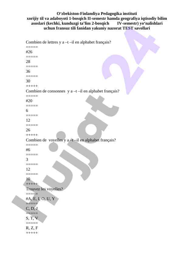 Fransuz tili fanidan yakuniy nazorat test savollari