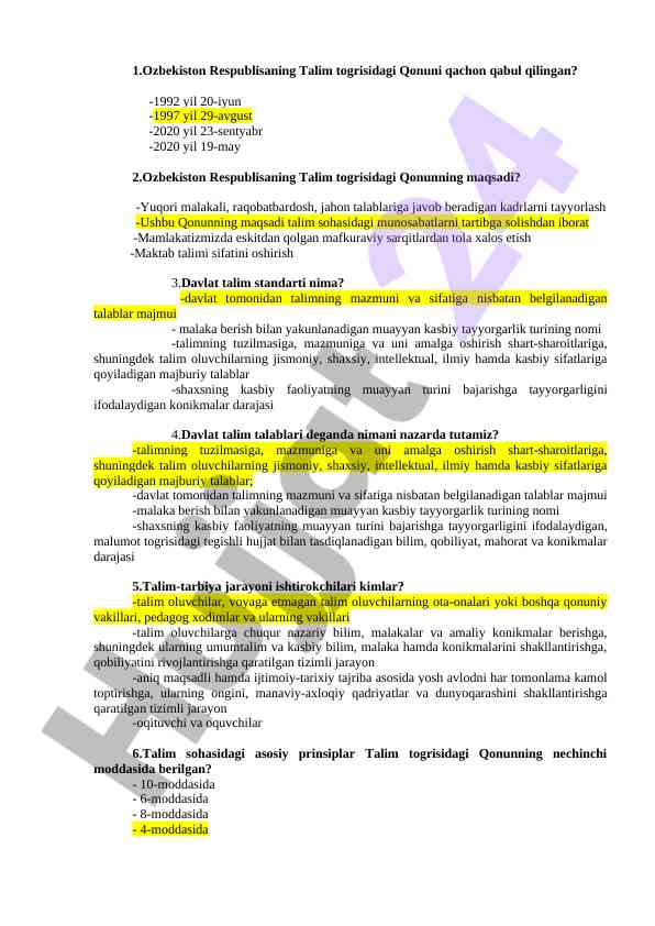 O‘zbekiston ta’lim qonuni va davlat talablari