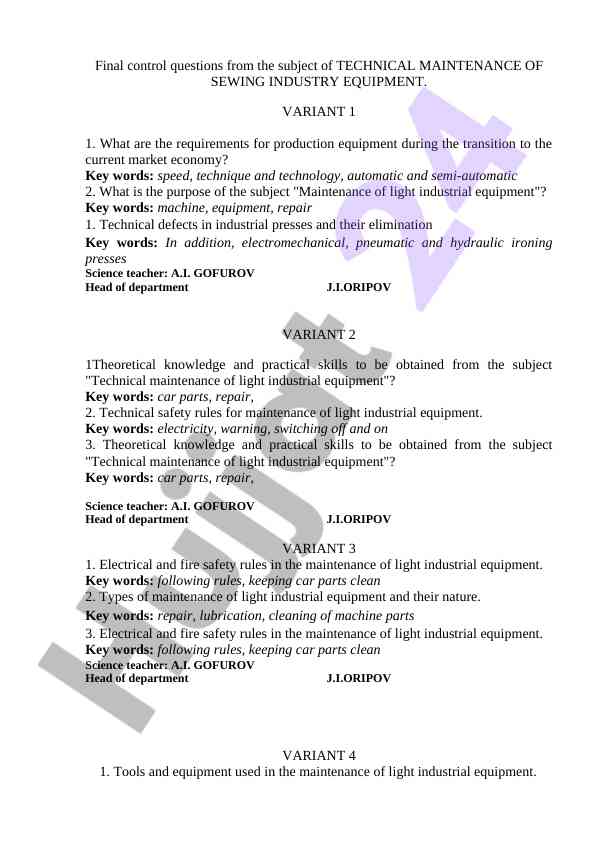 Technical maintenance questions for sewing equipment
