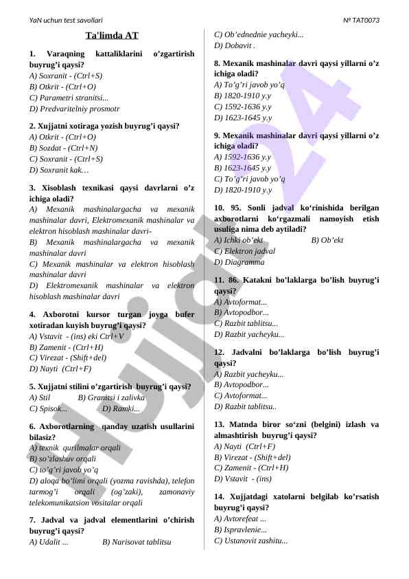 Axborot texnologiyalari bo'yicha test savollari