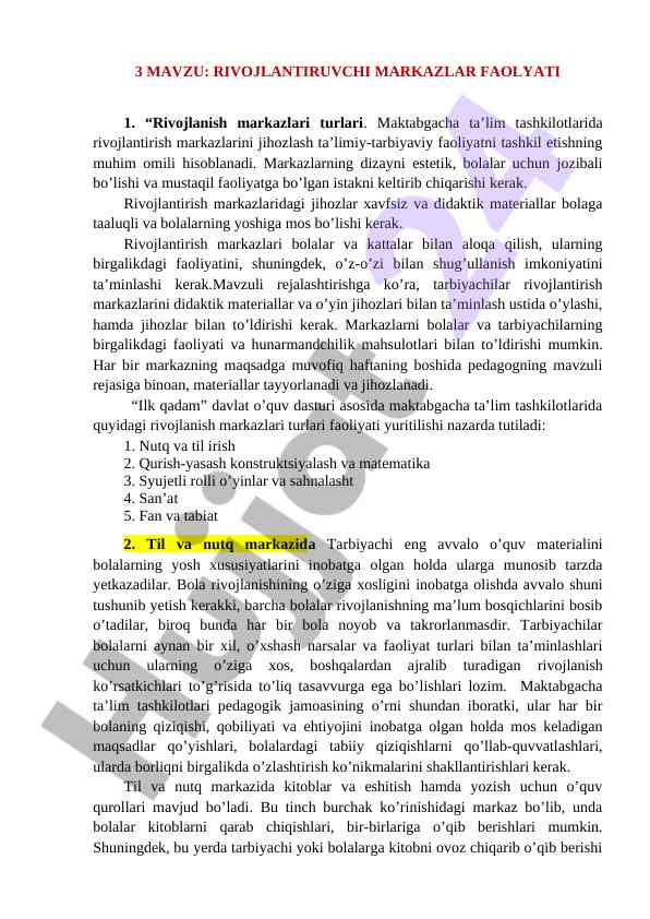Rivojlantiruvchi markazlar faoliyati tahlili