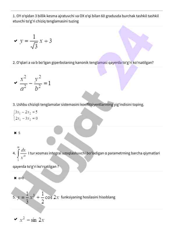 Matematika bo‘yicha test savollari