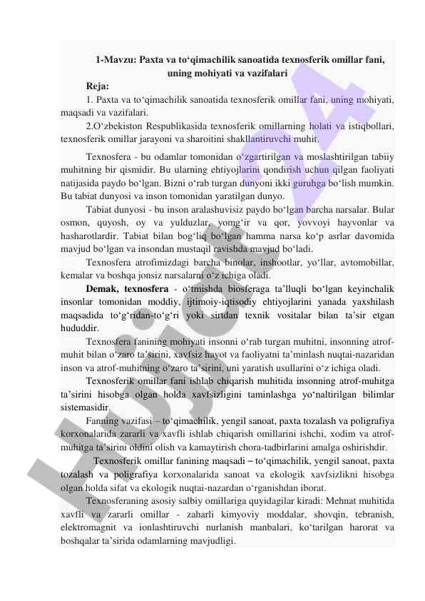 Paxta va to‘qimachilik sanoatidagi texnosferik omillar