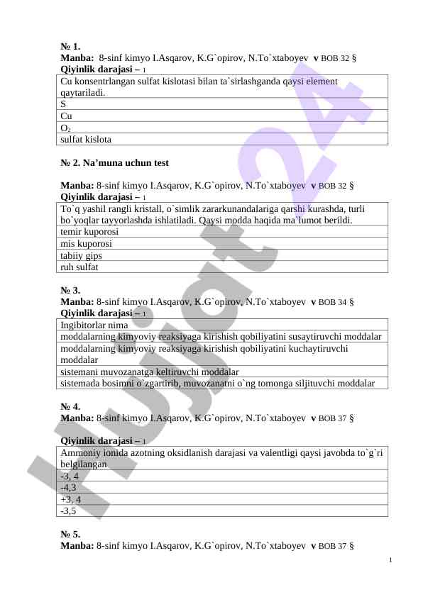 8-sinf kimyo test savollari va javoblari