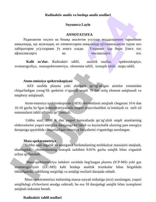 Radioaktiv tahlil va analitik usullarning tahlili
