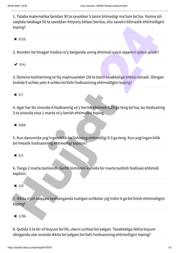 Ehtimollarni hisoblash testi va masalalar