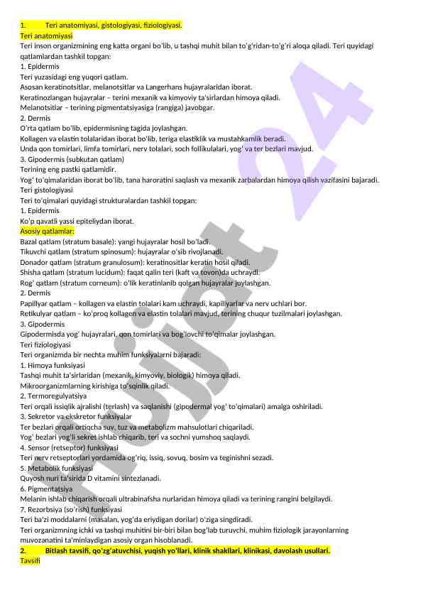 Teri anatomiyasi va gistologiyasi tahlili