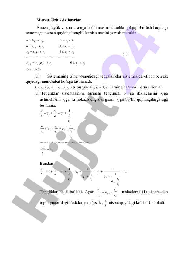 Uzluksiz kasrlar teoremasi va tengliklar sistema