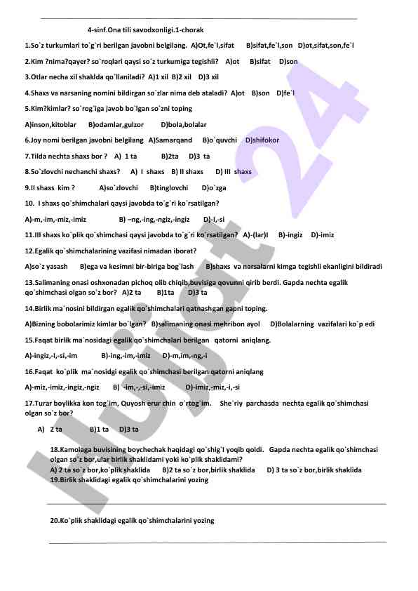 4-sinf ona tili savodxonligi test savollari