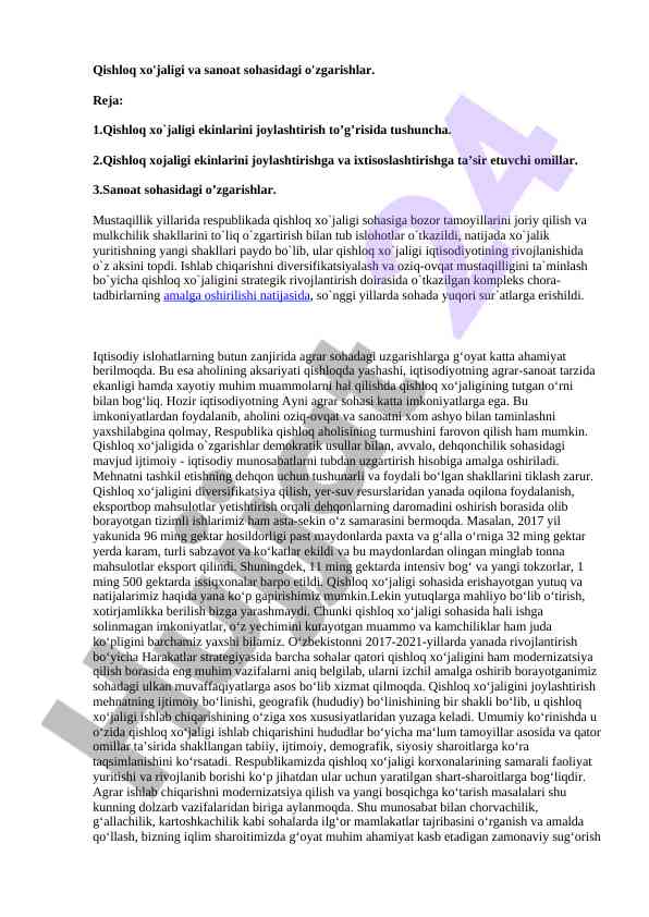 Qishloq xo'jaligi va sanoat sohasidagi o'zgarishlar