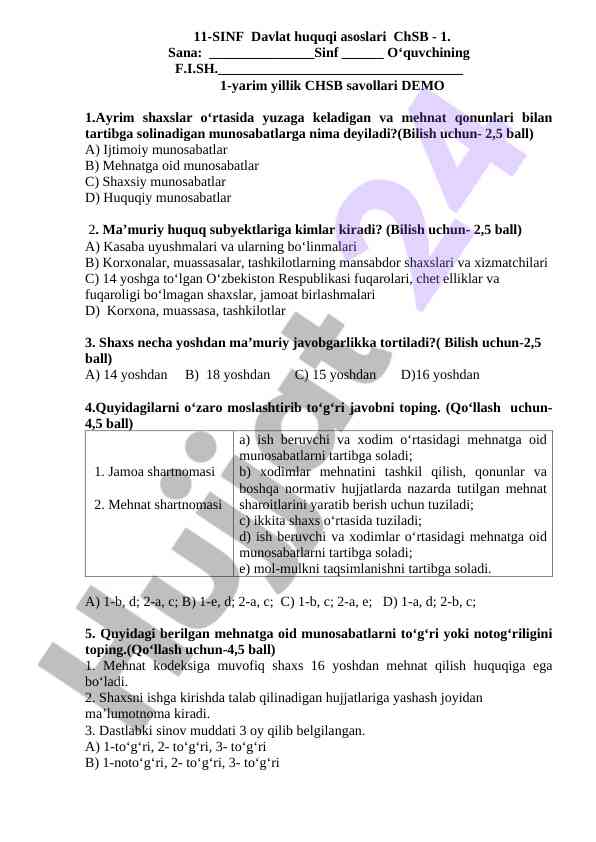 11-sinf davlat huquqi asoslari test savollari