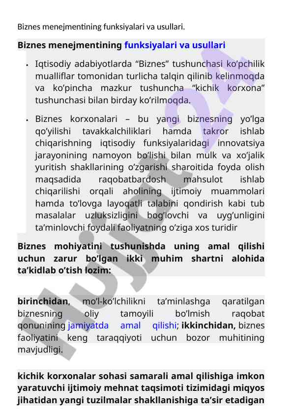 Biznes menejmentining funksiyalari va usullari