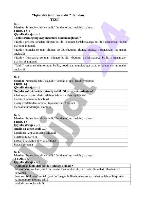 Iqtisodiy tahlil va audit fanidan testlar