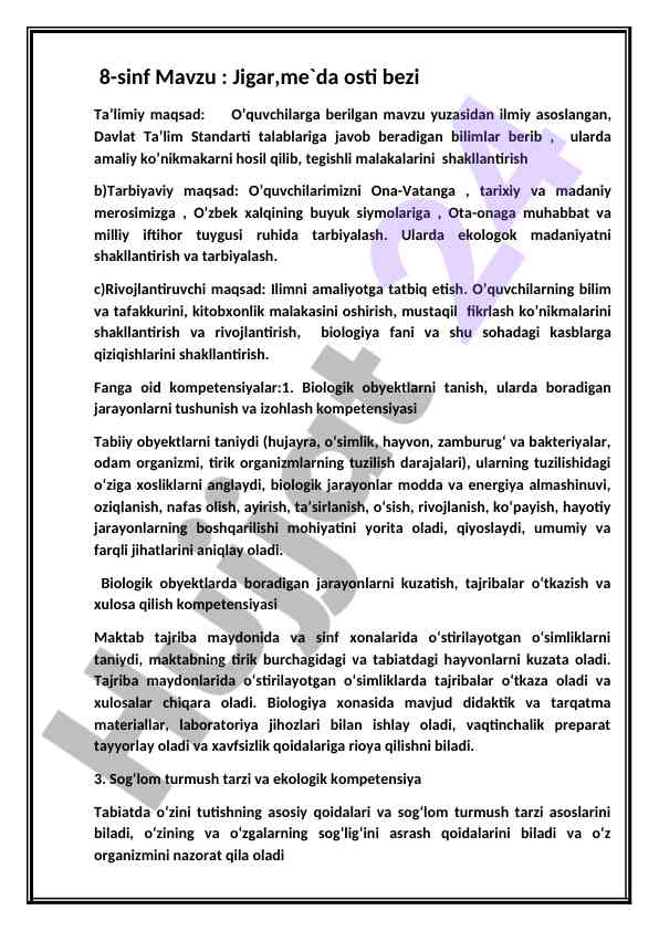 Jigar va me`da osti bezi haqida o'quv ishlanmalari