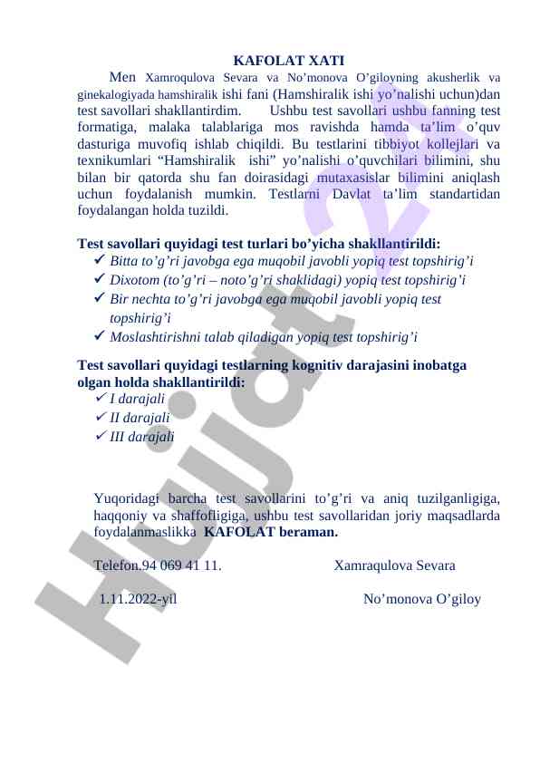 Test savollari hamshiralik ishi fani uchun