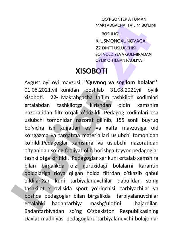 Oylik faoliyat xisoboti: sog'lom bolalar mavzusi
