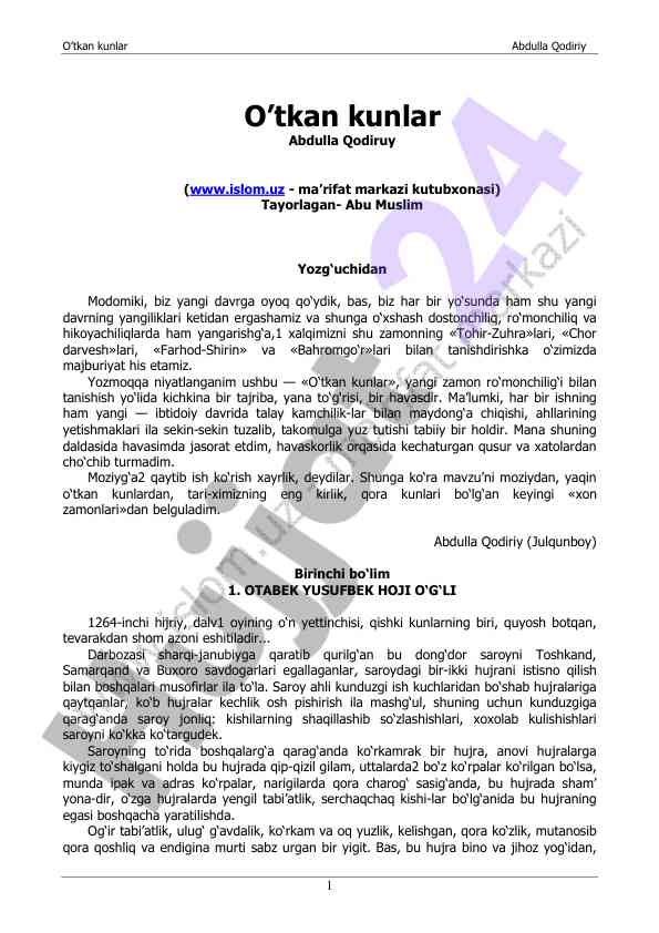 O’tkan kunlar asaridagi yangiliklar va tajribalar