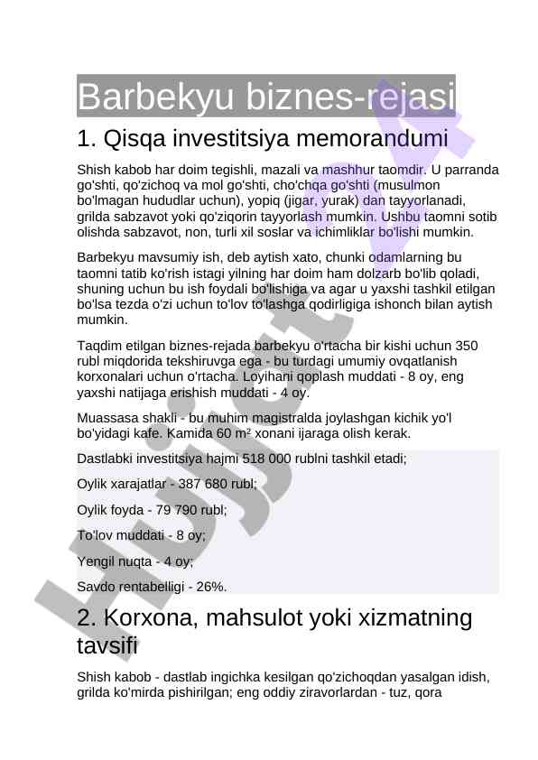 Barbekyu biznes rejasi va investitsiya memorandumi