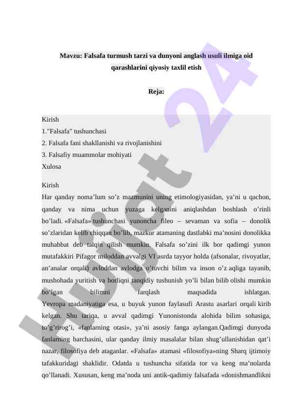 Falsafa turmush tarzi va dunyoni anglash usuli