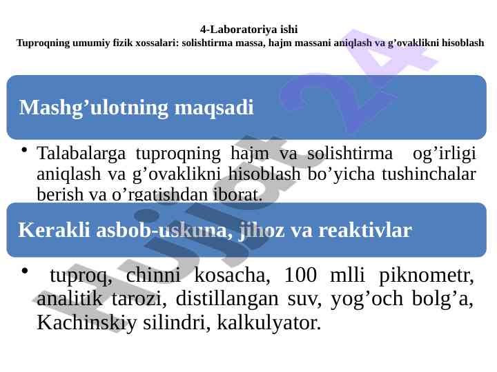 Tuproqning umumiy fizik xossalari laboratoriya ishlari