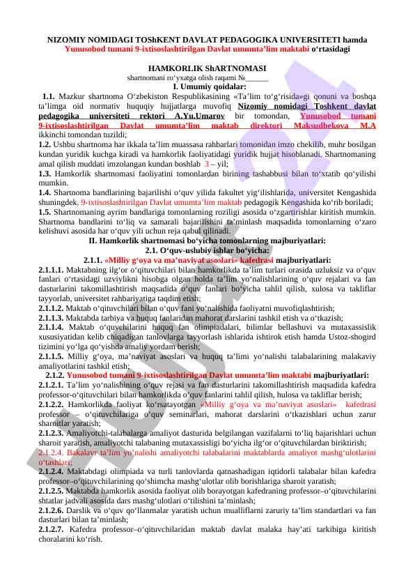 Hamkorlik shartnomasi: nizomiy va yunusobod