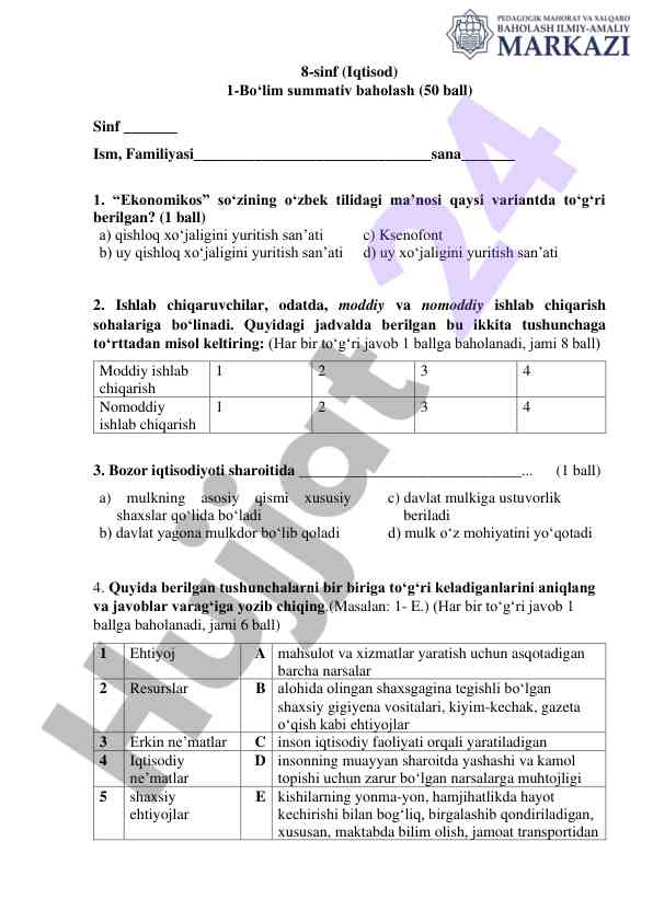 8-sinf iqtisod bo‘lim baholash savollari