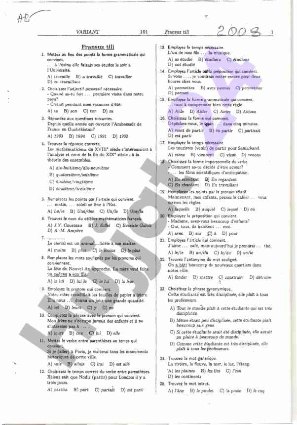 Fransuz tili test varianti 101