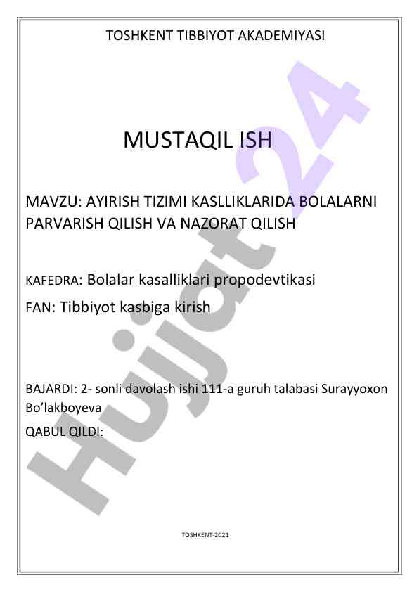 Ayirish tizimi kasalliklarida bolalarni parvarish