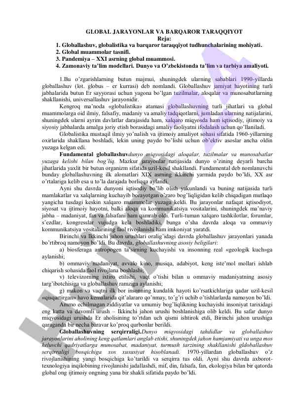 Global jarayonlar va barqaror taraqqiyot tushunchalari