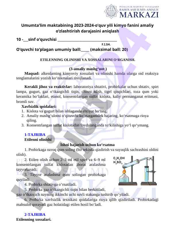 Kimyo fanida amaliy mashg'ulotlar o'quv yili 2023-2024