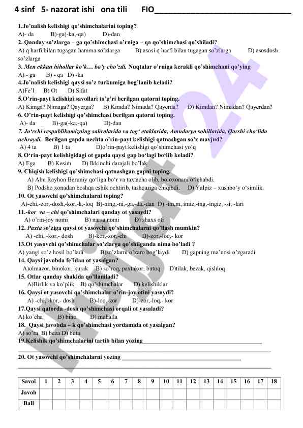 4 sinf nazorat ishi ona tili savollari