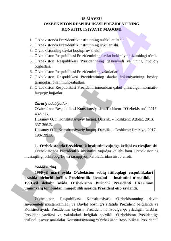 O‘zbekistonda prezidentlik institutining rivojlanishi