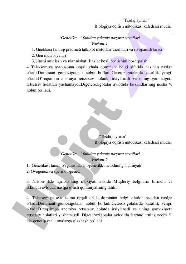 Genetika fanidan yakuniy nazorat savollari variant-1