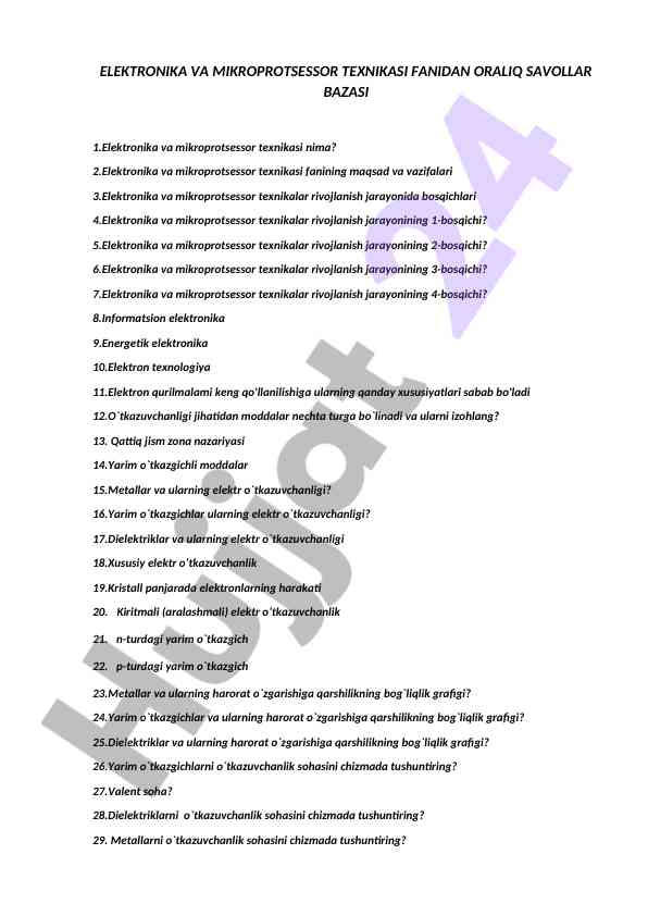 Elektronika va mikroprotsessor texnikasi savollari