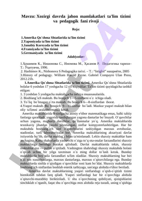 Jahon mamlakatlari ta'lim tizimi rivoji