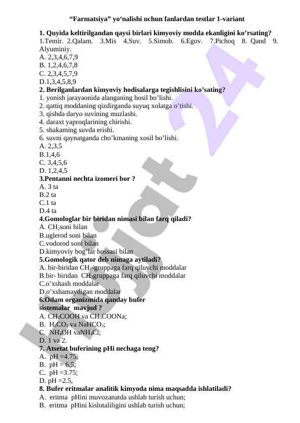 Farmatsiya fanlari uchun testlar 1-variant