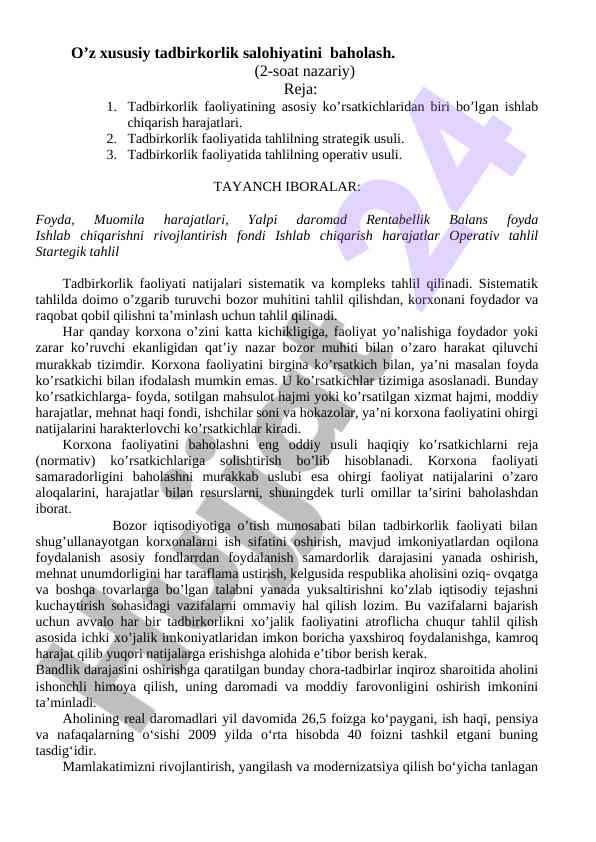 Xususiy tadbirkorlik salohiyatini baholash metodlari