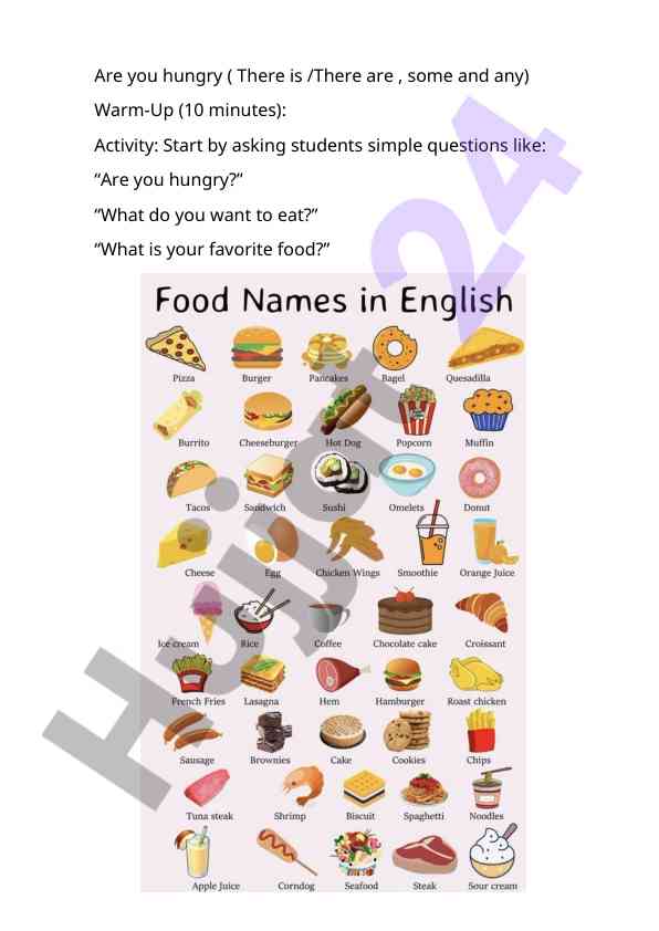 Food vocabulary and simple questions warm-up activity