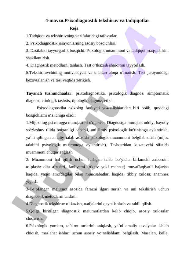 Psixodiagnostik tekshiruv jarayonlari va metodlari
