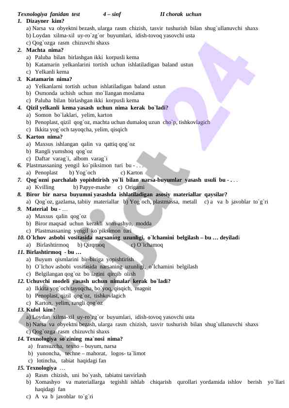 Texnologiya fanidan test ii chorak 4 sinf uchun