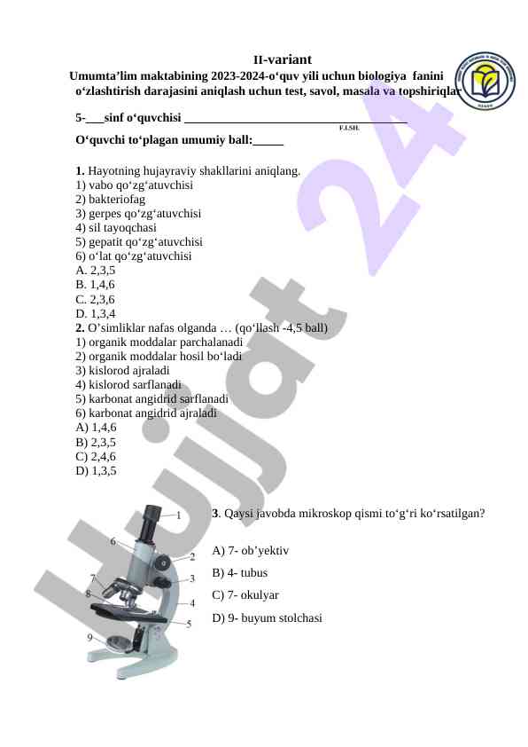 Biologiya fanidan o‘quv yili test savollari