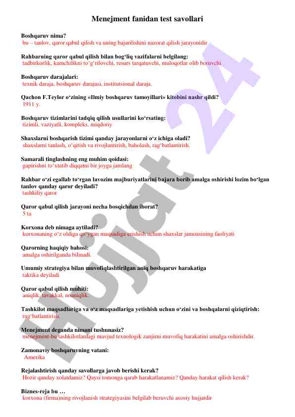 Menejment fanidan test savollari boshqaruv jarayoni