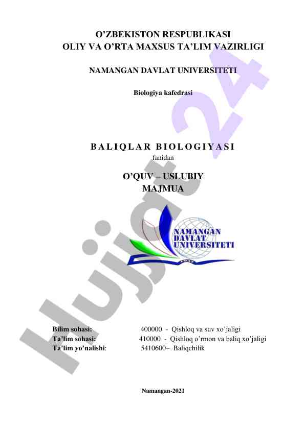 Baliqlar biologiyasi fanidan o‘quv-uslubiy majmua